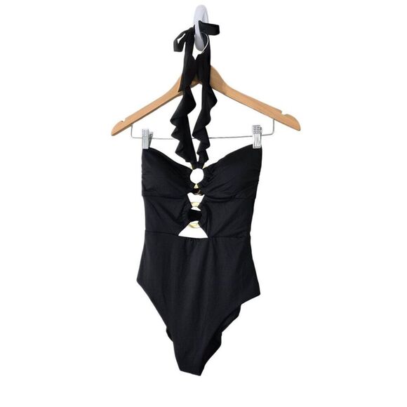 Soluna One-Piece Swimsuit Size Small Black Ruffle Strappy NWT - Picture 6 of 10